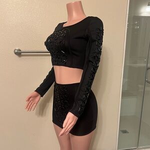 Chic Black Textured Crop Top and Skirt Set.  Size S.